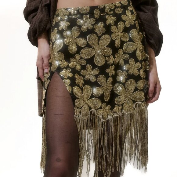 For Love & Lemons Colette Sequin Fringe Mini Skirt Size S - NWOT